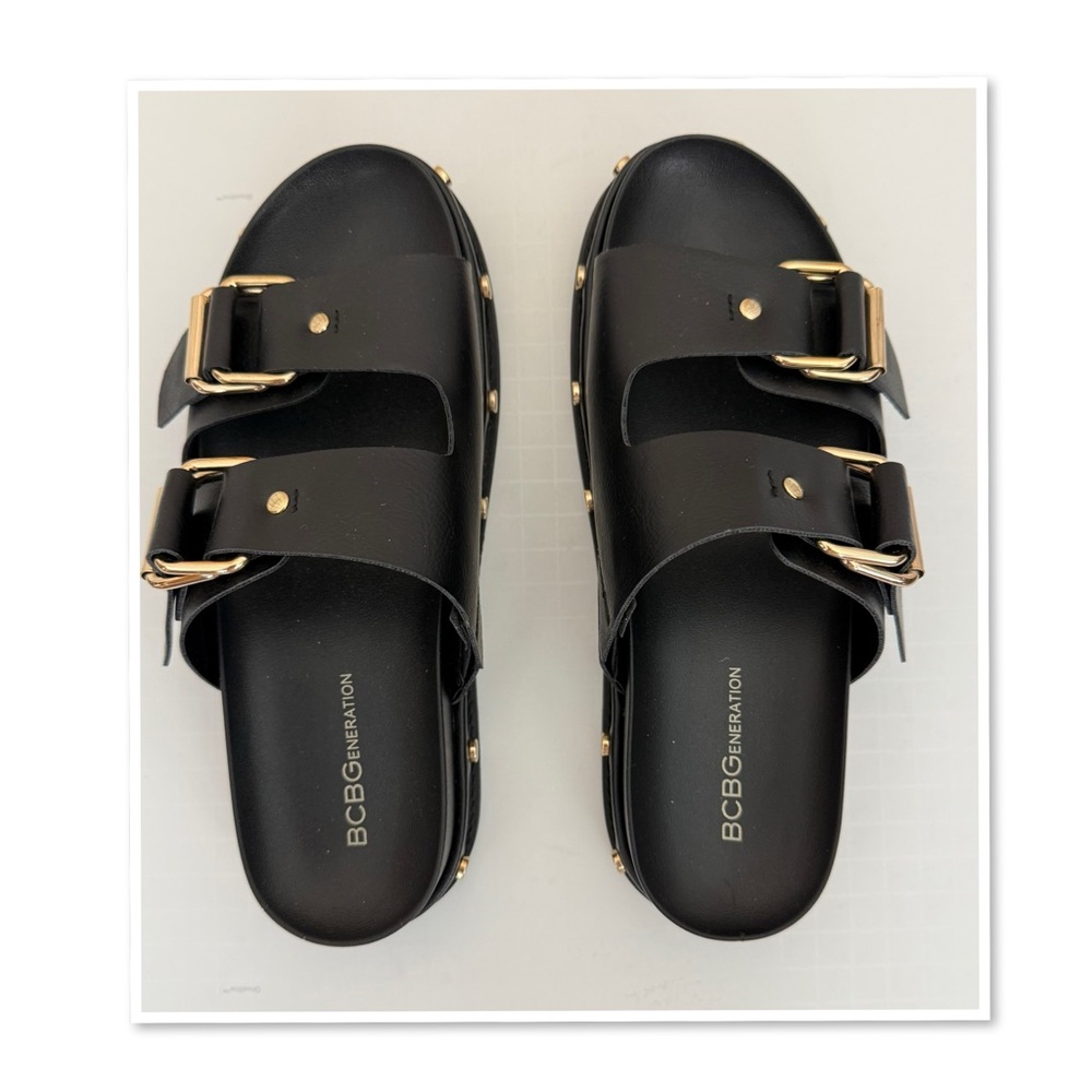 BCBGeneration Bamba Black Slides with Gold Buckles